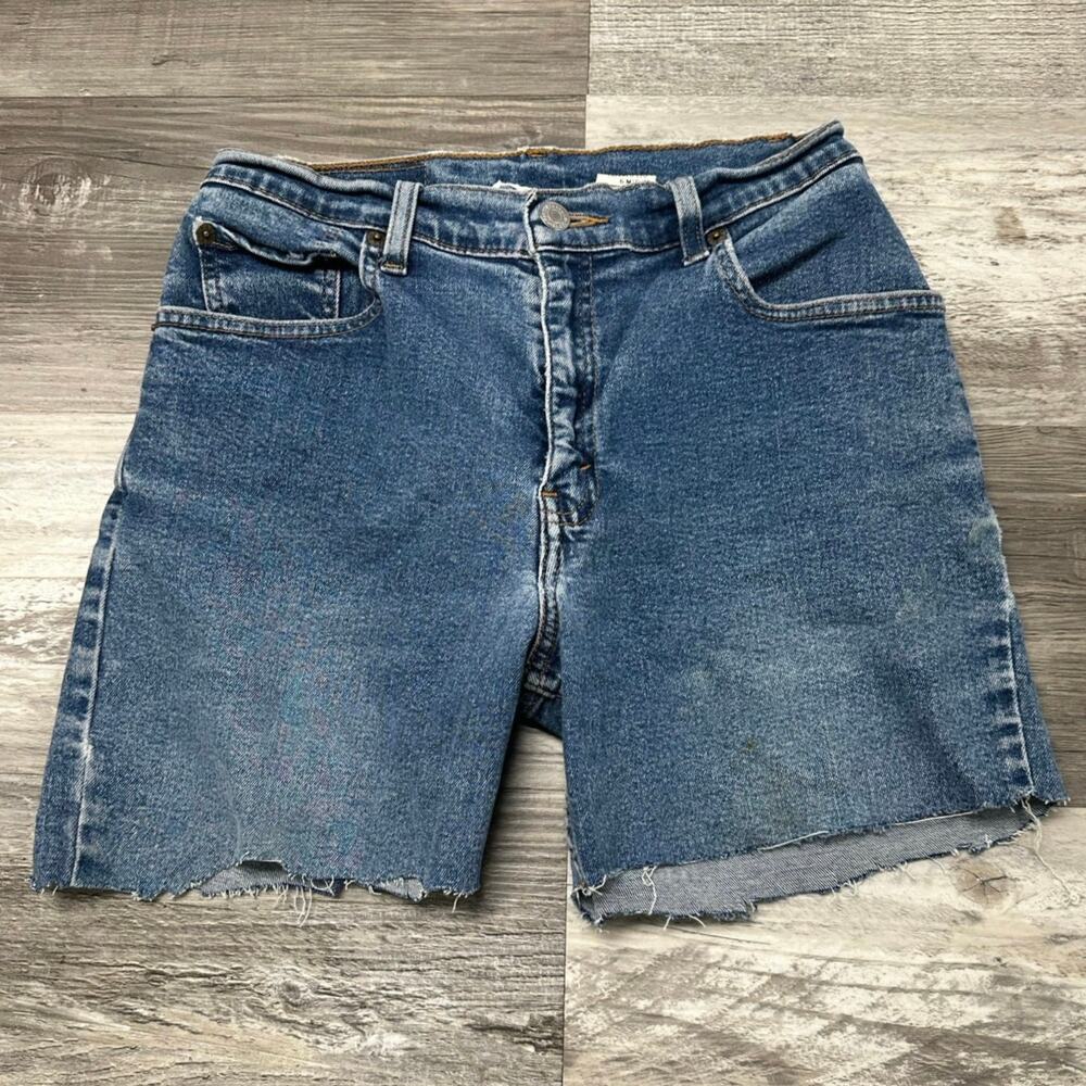 Vintage Y2K Levis 550 Blue Womens 6 Distressed Cutoff Jean Shorts Jorts Red‎ Tab